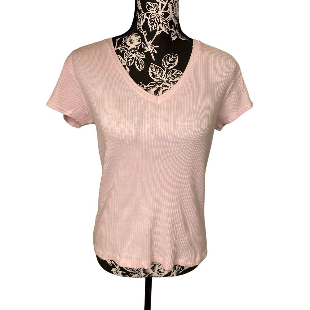 No Boundaries Pink Ribbed V Neck Stretch Short Sleeve Casual Basic Tee Top Shirt
